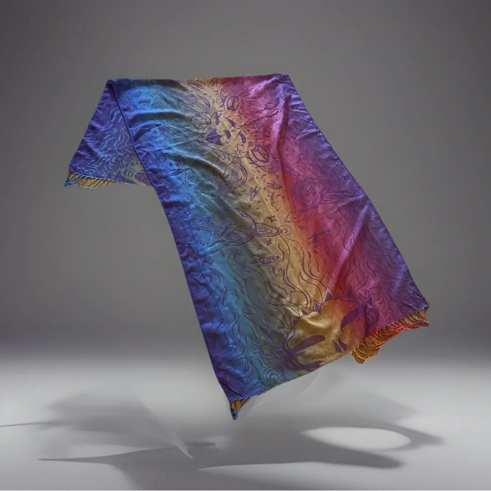 Festival Core Pashmina Scarf Celestial Rave Burner Psychedelic Fringe Wrap